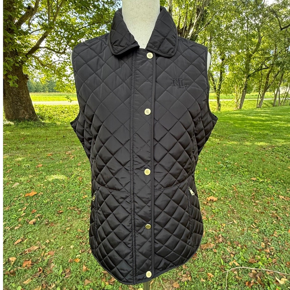 Lauren Ralph Lauren Black Quilted Vest Women Medium Gold Hardware LRL Monogram